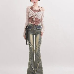 Soft Grunge Tasseled Flare Jeans | Y2K Fashion & Coquette Style