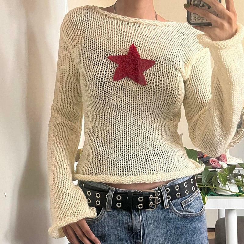 Star Embroidery Knitted Top - Y2K Fashion & Coquette Aesthetic Style