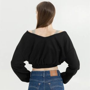 Strap Detailed Wide Neck Crop Sweatshirt - Y2K Fashion & Coquette Style