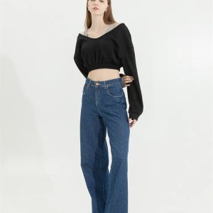 Strap Detailed Wide Neck Crop Sweatshirt - Y2K Fashion & Coquette Style