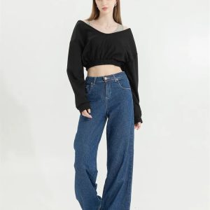 Strap Detailed Wide Neck Crop Sweatshirt - Y2K Fashion & Coquette Style