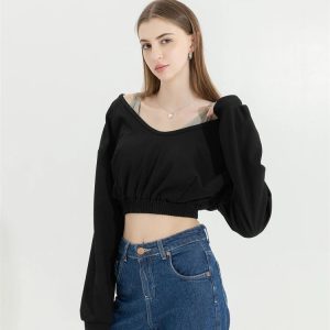 Strap Detailed Wide Neck Crop Sweatshirt - Y2K Fashion & Coquette Style