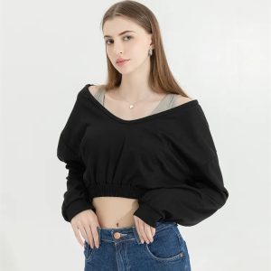 Strap Detailed Wide Neck Crop Sweatshirt - Y2K Fashion & Coquette Style