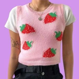 Strawberry Sleeveless Sweater - Y2K Fashion & Coquette Aesthetic Top