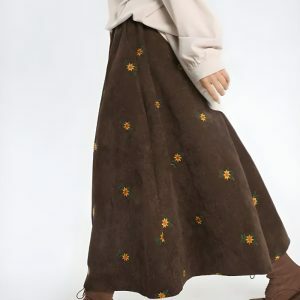 Sunflower Embroidered Corduroy Maxi Skirt - Y2K & Coquette Aesthetic