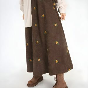 Sunflower Embroidered Corduroy Maxi Skirt - Y2K & Coquette Aesthetic