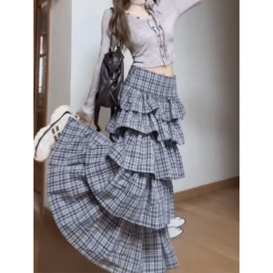 Trendy Long Plaid Y2K Skirt - Dark Coquette & Acubi Aesthetic Fashion