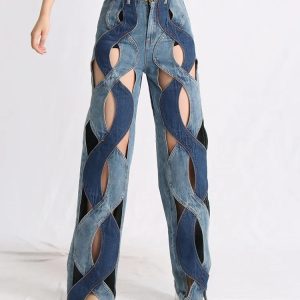 Trendy Y2K Fashion: Two Different Denim Cut Out Jeans for Aesthetic Outfits