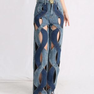 Trendy Y2K Fashion: Two Different Denim Cut Out Jeans for Aesthetic Outfits