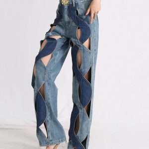 Trendy Y2K Fashion: Two Different Denim Cut Out Jeans for Aesthetic Outfits