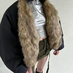 Trendy Y2K Faux Fur Puffer Jacket for Coquette & Acubi Aesthetic Styles