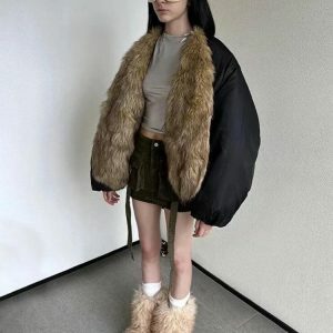 Trendy Y2K Faux Fur Puffer Jacket for Coquette & Acubi Aesthetic Styles