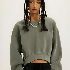 V-Neck Drop Shoulder Cropped Sweatshirt - Y2K Fashion & Coquette Style