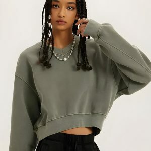 V-Neck Drop Shoulder Cropped Sweatshirt - Y2K Fashion & Coquette Style