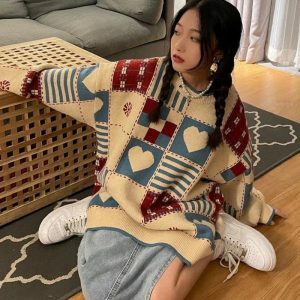 Vintage Heart Pattern Sweater - Y2K Fashion & Coquette Aesthetic Style