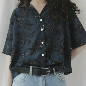 Vintage Leaf Print Y2K Shirt - Aesthetic Coquette & Acubi Style