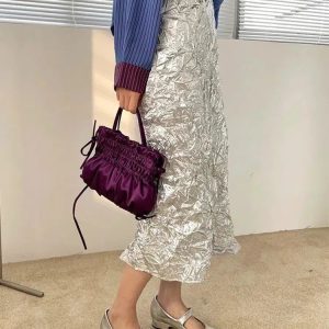 Wrinkled Silver Midi Skirt - Y2K Fashion, Coquette Style, Aesthetic Outfit