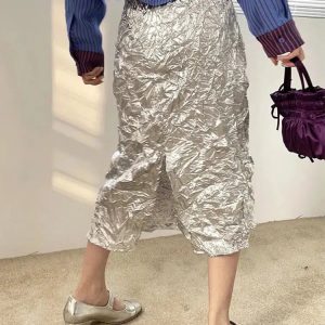 Wrinkled Silver Midi Skirt - Y2K Fashion, Coquette Style, Aesthetic Outfit