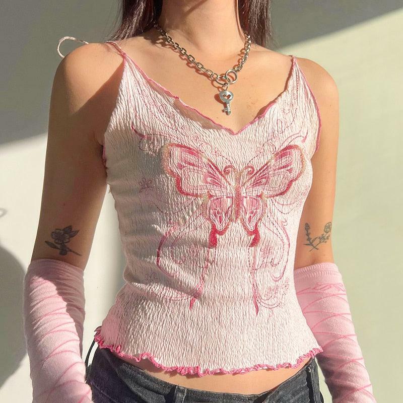 Y2K Butterfly Pink Crop Top | Acubi Fashion & Coquette Aesthetic