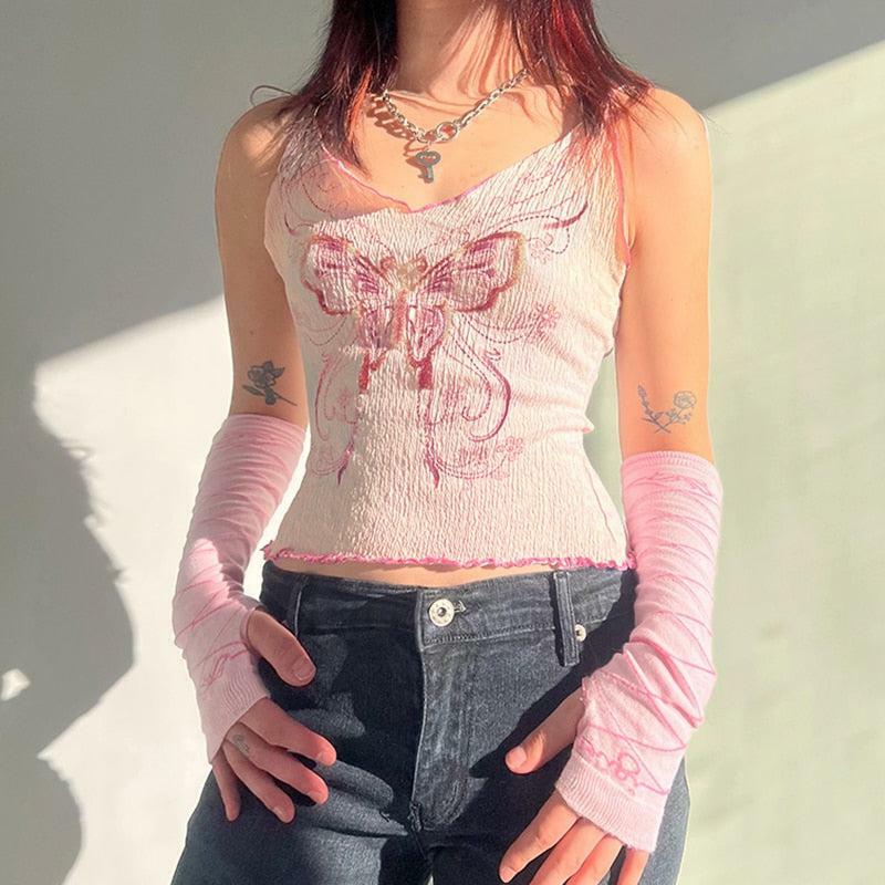 Y2K Butterfly Pink Crop Top | Acubi Fashion & Coquette Aesthetic