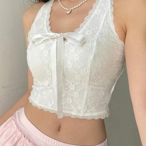 Y2K Coquette Bow Halter Neck Top - Soft Girl Aesthetic Fashion Piece