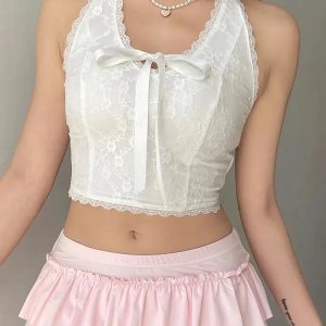 Y2K Coquette Bow Halter Neck Top - Soft Girl Aesthetic Fashion Piece