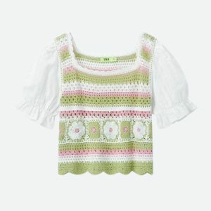 Y2K Coquette Floral Hollow Out Knitted Top - Soft Girl Aesthetic Fashion