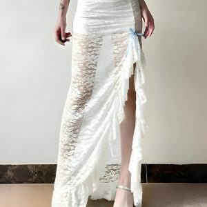 Y2K Coquette Lace Ruffled Slit Maxi Skirt - Aesthetic Fashion Essential