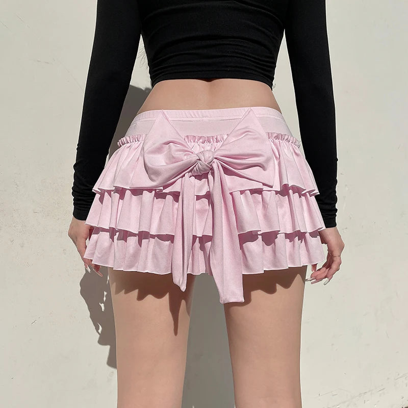 Y2K Coquette Layered Bow Mini Skort - Aesthetic Soft Girl Fashion