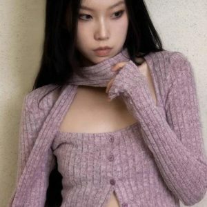 Y2K Corduroy Cropped Cardigan with Scarf - Coquette Aesthetic Style