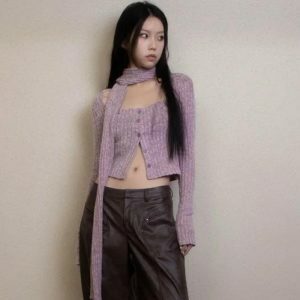 Y2K Corduroy Cropped Cardigan with Scarf - Coquette Aesthetic Style