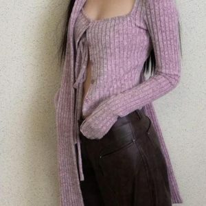 Y2K Corduroy Cropped Cardigan with Scarf - Coquette Aesthetic Style