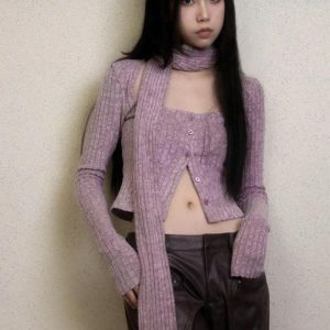 Y2K Corduroy Cropped Cardigan with Scarf - Coquette Aesthetic Style