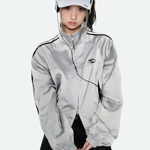 Y2K Cyberpunk Reflective Double Zip-Up Jacket for Aesthetic Outfits