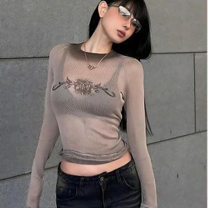 Y2K Cyberpunk Sheer Top with Sigil Design for Aesthetic Outfits