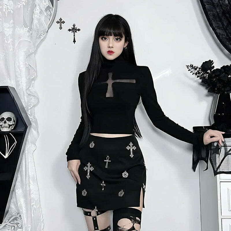 Y2K Dark Coquette Cross Cut Out Top - Aesthetic Grunge Fashion Piece