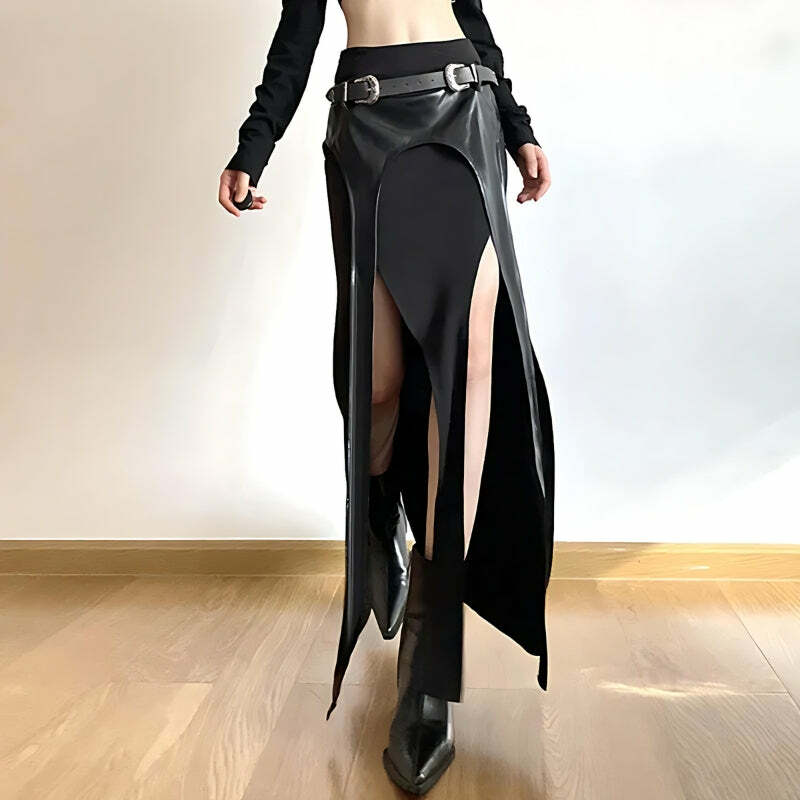 Y2K Dark Coquette Double Slit Maxi Skirt - Aesthetic Grunge Fashion