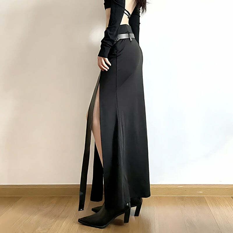 Y2K Dark Coquette Double Slit Maxi Skirt - Aesthetic Grunge Fashion