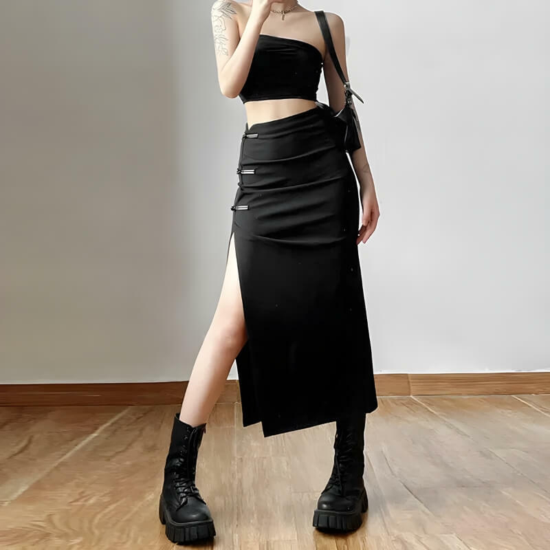 Y2K Dark Coquette High Split Midi Pencil Skirt - Acubi Aesthetic Fashion