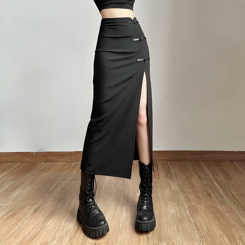 Y2K Dark Coquette High Split Midi Pencil Skirt - Acubi Aesthetic Fashion