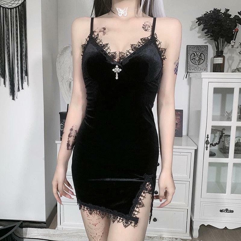 Y2K Dark Coquette Mini Dress with Goth Cross Detail - Aesthetic Fashion