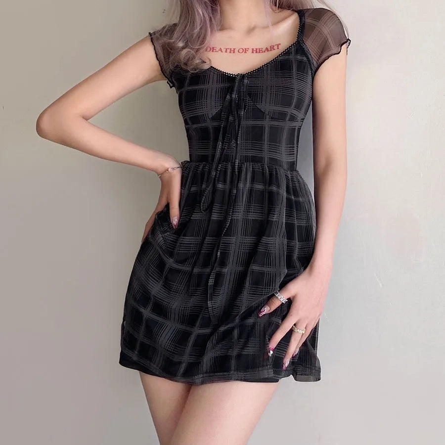 Y2K Dark Coquette Plaid Mini Dress - Aesthetic Grunge Style Outfit