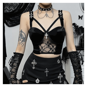 Y2K Dark Coquette Velvet Crop Top - Aesthetic Grunge & Acubi Style