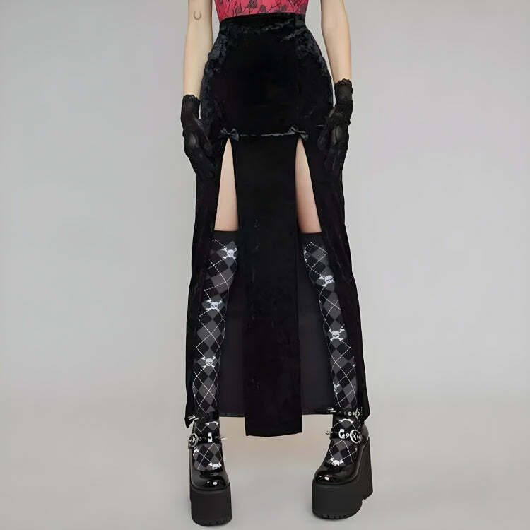 Y2K Dark Coquette Velvet High Split Midi Skirt - Aesthetic Fashion Must-Have