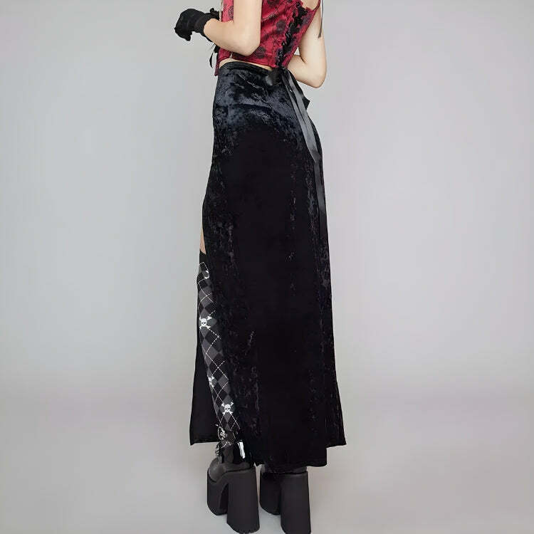 Y2K Dark Coquette Velvet High Split Midi Skirt - Aesthetic Fashion Must-Have