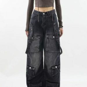 Y2K Dark Wash Cargo Jeans with Belt - Acubi & Coquette Style