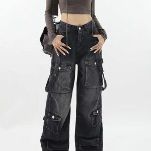 Y2K Dark Wash Cargo Jeans with Belt - Acubi & Coquette Style