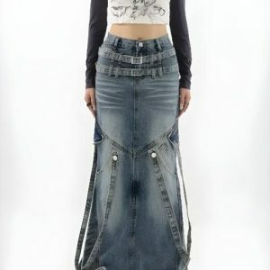 Y2K Denim Maxi Skirt - Acubi Fashion, Coquette Style, Aesthetic Outfit