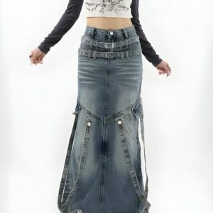 Y2K Denim Maxi Skirt - Acubi Fashion, Coquette Style, Aesthetic Outfit