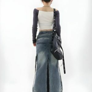 Y2K Denim Maxi Skirt - Acubi Fashion, Coquette Style, Aesthetic Outfit